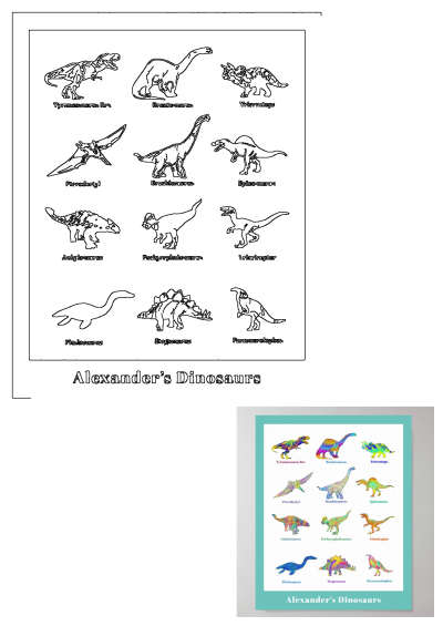 Poster with different types of dinosaurs including Tyrannosaurus Rex, Brontosaurus, Triceratops and more. Illustrated dinosaur chart for kids.