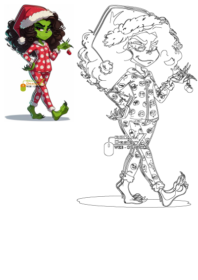 Cartoon drawing of a Female Christmas Grinch in Santa pajamas. Festive Christmas, Grinch and wife in couple dress, Santa suits, Christmas pajamas.