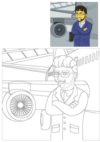 Simpsons style portrait of a man with glasses and a beard standing with arms crossed in front of an airplane, looking at something.