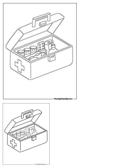 Coloring page featuring an open suitcase filled with medical supplies. Fun activity for adults and children! Printable art with medical theme.
