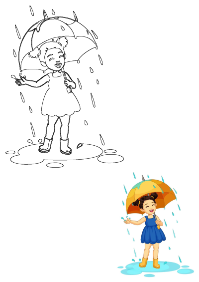 Cute little girl with umbrella enjoying the rain. Cheerful cartoon image of a girl in a blue dress and yellow boots playing in the rain.