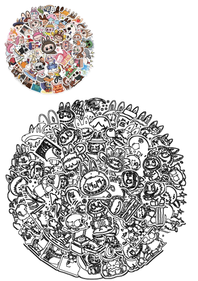 A bunch of circle-shaped stickers featuring unique cartoon bunny and monster faces. Perfect for adding personality to your belongings.