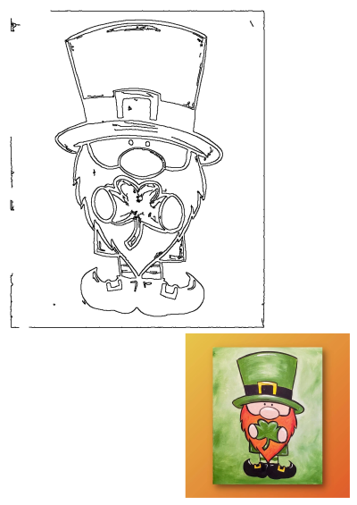 A painting of a cute leprechaun with a green hat decorated with shamrock leaves for St. Patrick's Day. Festive Irish art.