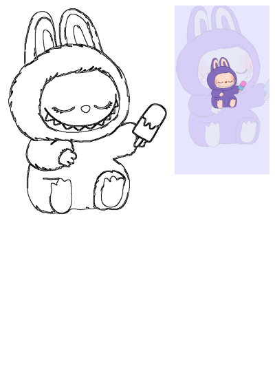 A cute purple bunny character wearing a hooded suit and holding a popsicle. The bunny is smiling with its eyes closed, happy mood.