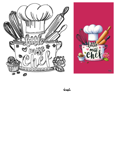 Whimsical cartoon of a chef's hat, rolling pin, and whisks inside a mug labeled 'Little Miss Chef'. Perfect for young bakers! 