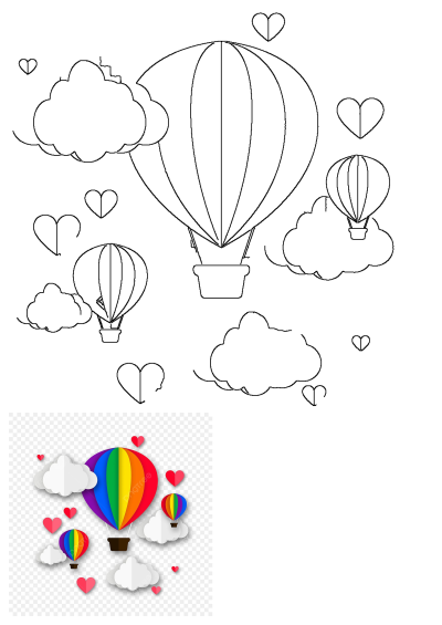 Colorful hot air balloons flying in a sky with clouds and hearts on transparent background. Vector illustration in PNG format.