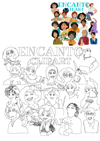 Encanto characters clipart featuring smiling people. A vibrant collection of happy cartoon faces from Encanto with bright colors, per alt description