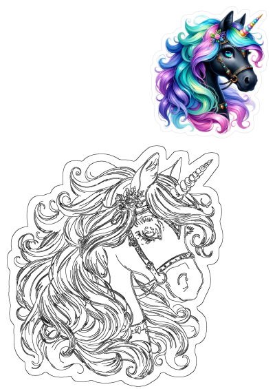 Vibrant black unicorn head, rainbow mane, sparkling blue eyes, and decorative bridle, paired with a detailed black outline sketch.