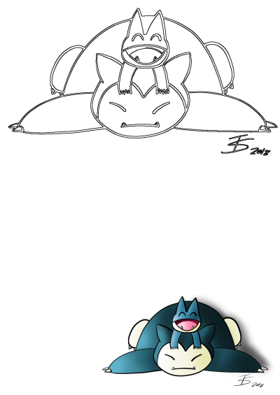 A cartoon drawing of a sleeping Snorlax with Munchlax on top, eyes closed and mouth wide open. Adorable pokemon illustration, fan art.
