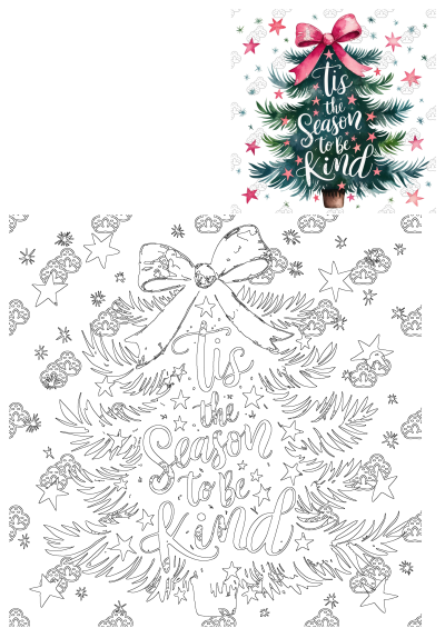 Whimsical 'Tis the Season to be Kind' Christmas tree illustration, adorned with a pink bow, stars, and festive snowflakes.