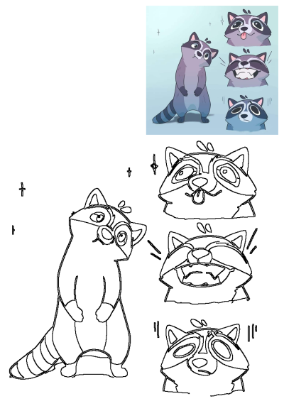 Cute cartoon raccoon illustration showing various emotions like happy, sad, and playful. The raccoon is depicted in a fun and engaging style.