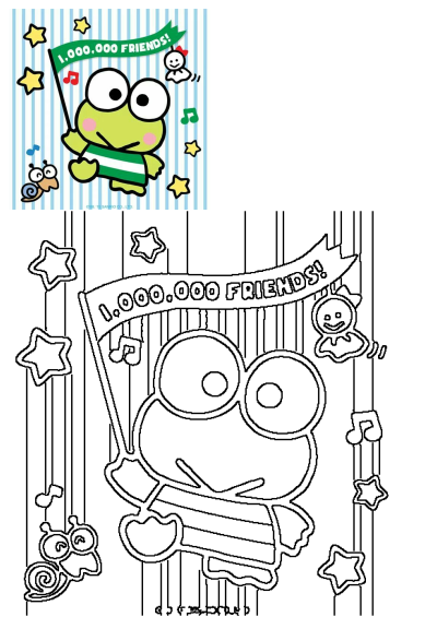 Keroppi celebrates 1,000,000 Friends! Cute cartoon frog holds a green flag with this message. Music notes and stars add to the festive spirit.