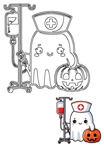 Cute cartoon ghost wearing a nurse hat, holding a pumpkin and an IV drip. Halloween-themed healthcare concept.