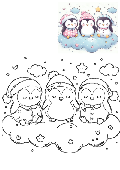 Adorable cartoon image of three cute penguins wearing pajamas and hats, sitting on a fluffy cloud surrounded by stars and hearts.