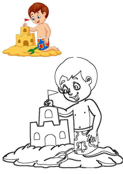 Cartoon illustration of a little boy playing in the sand, building a sandcastle with a shovel. The boy is happily placing a flag on top.