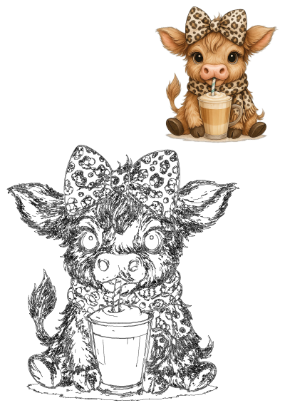 Coffee Addict Highland Cow PNG design for Mother's Day gifts & shirt designs. Cute baby highland cow with coffee, leopard bow and scarf.