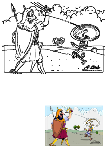 Cartoon image of David and Goliath: a man in armor and a young woman running towards him, ready to fight. Illustration of the biblical story.