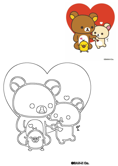 Rilakkuma and Korilakkuma, a couple of bears standing next to each other in front of a heart. Adorable cartoon characters,san-x