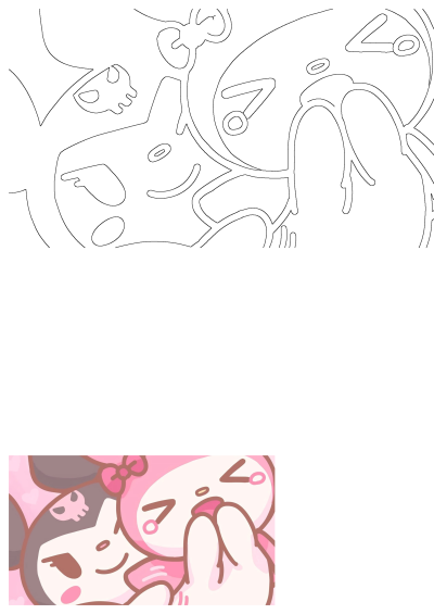 Cute pink illustration of My Melody with a bow and Kuromi with a skull on the hood hugging and doing finger heart sign, kawaii fan art