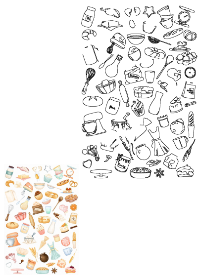 Watercolor illustration featuring a variety of baking ingredients and food items on a white background. Includes bread, flour, eggs, and other culinary essentials.