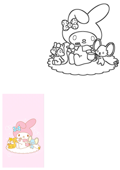 My Melody and friends brushing teeth together, a cute Sanrio cartoon character image on pink background with hearts. Illustration of friendship.