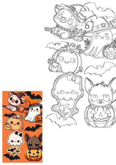 Halloween stickers on an orange background featuring bats, pumpkins, a pig on a broom, a ghost, a dog in a pumpkin, and ice cream.