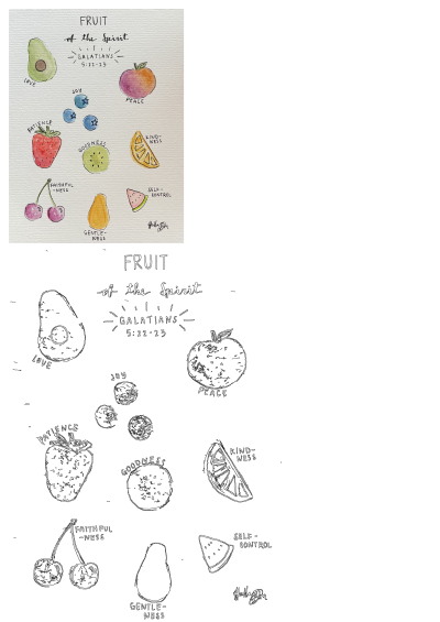 Hand-painted watercolor illustration of the Fruit of the Spirit from Galatians 5:22-23. Features avocado(love),blueberries(joy),peach(peace),strawberry(patience),kiwi(goodness)