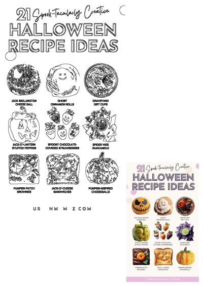 21 Spooky & Creative Halloween Recipes for Kids. Image features Jack Skellington cheese ball, ghost cinnamon rolls, graveyard dirt cups and more.