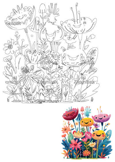 Illustration of flowers and plants with cute, smiling faces. All are in bright, different colors, creating a whimsical and cheerful scene.