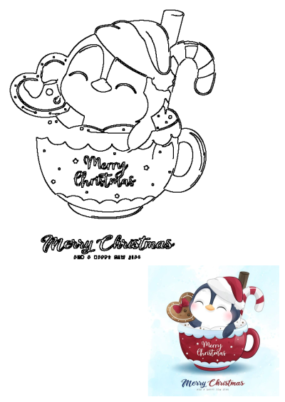Cute penguin wearing a Santa hat in a festive red cup with gingerbread, candy cane, and the words 'Merry Christmas'.