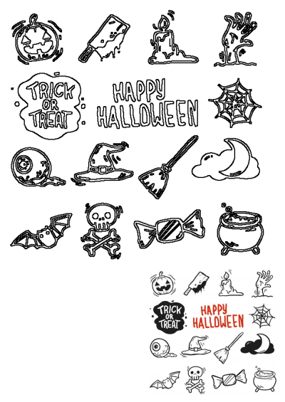 Halloween doodles featuring spooky elements like pumpkin, bat, skull, and 'Trick or Treat' text in black and red on white background.