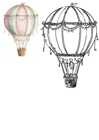 Watercolor painting of a whimsical hot air balloon with pastel pink, blue, and cream stripes, adorned with decorative details and occupants.