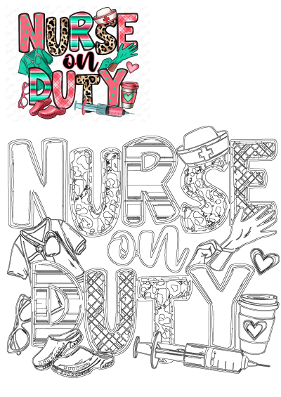 Whimsical 'Nurse on Duty' graphic featuring leopard print and colorful patterns. Perfect for healthcare appreciation gifts and nurse apparel.