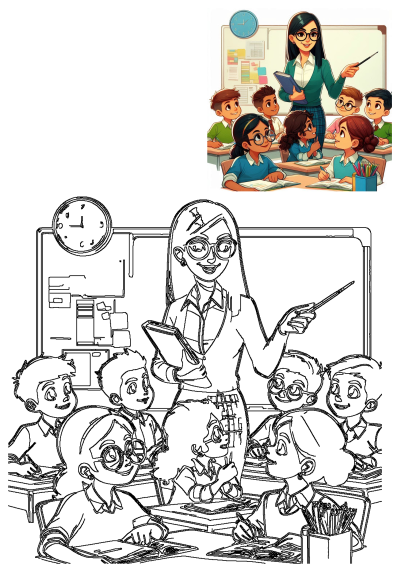 A woman teacher standing in front of her class room full of students. She is holding a clipboard while teaching her class.