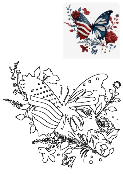 A vibrant patriotic butterfly with American flag wings amidst red roses and blue flowers, a beautiful floral design illustration.