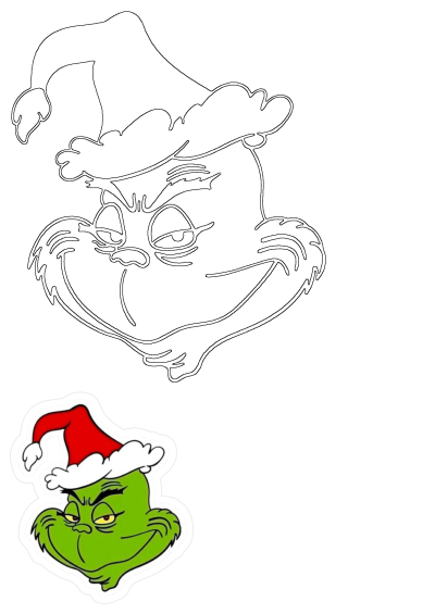 Grinch with Santa hat cartoon image. The grin face is wearing a santa hat, a perfect Christmas sticker or design element.