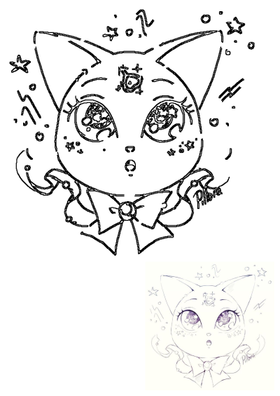 A drawing of a cute cat wearing a bow tie with stars on its head and in its eyes, surrounded by stars. Adorable kawaii animal art.