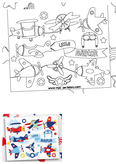 A greeting card with airplanes, stars, and an aviator's helmet illustration. The card says 'Little Aviator' in red, white, and blue lettering.