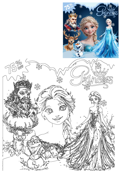 Frozen princesses Elsa with Olaf, Sven, and other characters, promoting a 75% off deal. An image of frozen princesses and their friends.