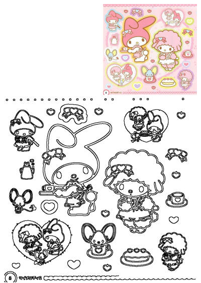 Hello Kitty and friends stickers on a pink background with hearts. Cute cartoon characters including My Melody and a mouse are in a pink scene.