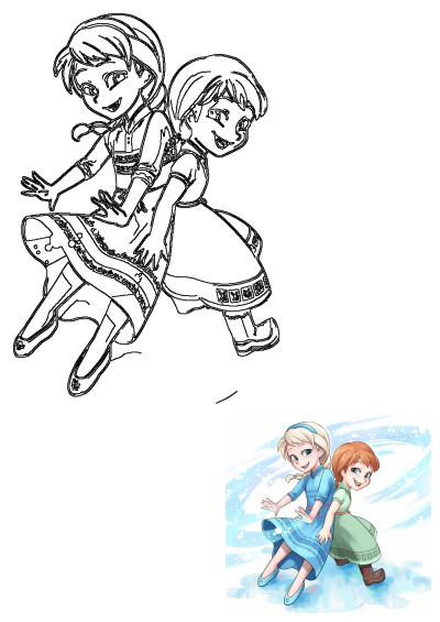 Two children, Elsa and Anna from Frozen, are playing in the snow with their arms around each other and one is wearing a blue dress illustration.