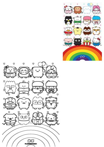 Cartoon image featuring many Sanrio characters like Hello Kitty on a rainbow background. Cute cartoon characters image.