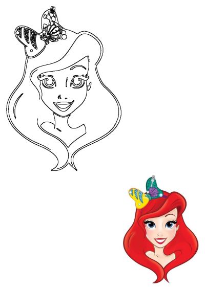 Cartoon illustration of Ariel from The Little Mermaid with a butterfly (and fork!) on her head. A whimsical take on a Disney classic.