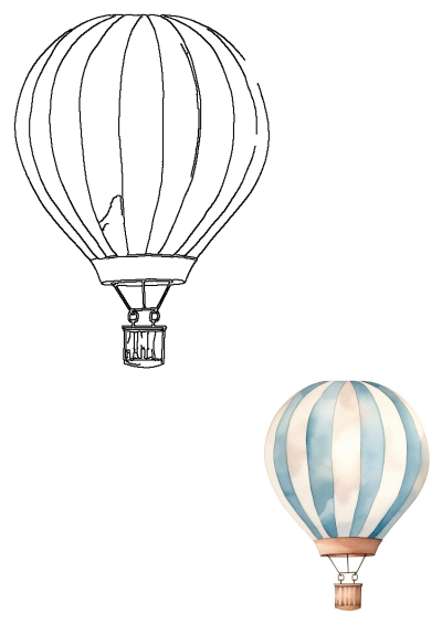Watercolor painting of a blue and white striped hot air balloon on a white background. Whimsical and dreamy design for various projects.