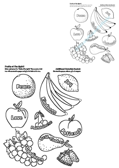 Fruit of the Spirit worksheet featuring fruits labeled with virtues like Love, Joy, Peace, Patience, Kindness, Goodness, Faithfulness, Gentleness, and Self-Control.