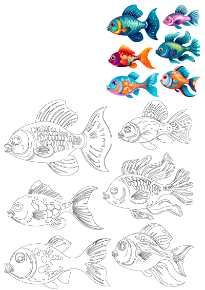 Illustration of six different colored fish with unique patterns on a white background. Vibrant cartoon style fish art.