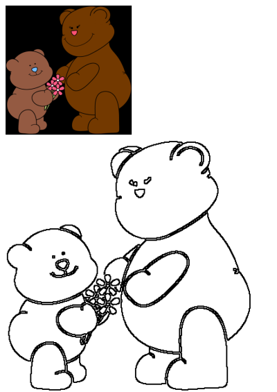 Cartoon image: A brown teddy bear gives a bouquet of flowers to a larger, seated bear. A sweet and thoughtful gesture. Illustration.