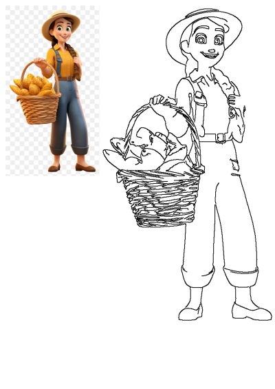 Cartoon farmer girl holding a basket full of freshly baked bread, smiling, wearing overalls and a sunhat.
