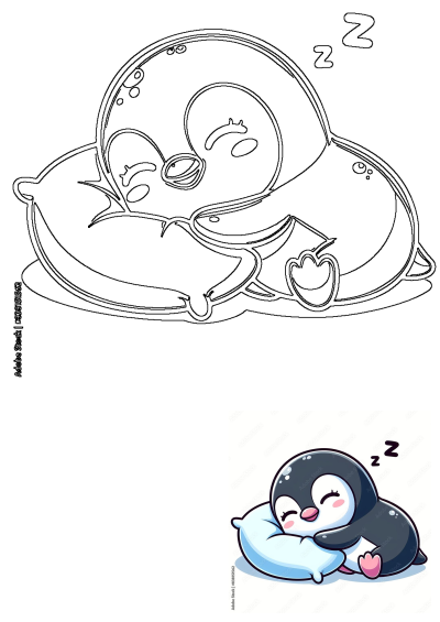 Cute cartoon penguin sleeping soundly on a blue pillow. Adorable illustration of a kawaii animal taking a nap with Zzz symbols.