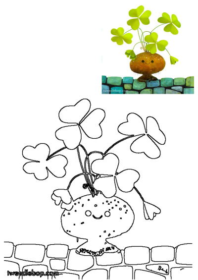 A painting of a cute plant with four-leaf clovers on its head, sitting in front of a brick wall. Artwork showcases charm and whimsical appeal.